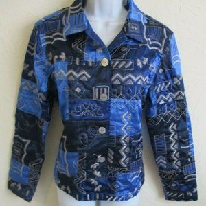 French Laundry Size Small Satin Jacket Embroidered Patchwork Blue Blazer BOHO